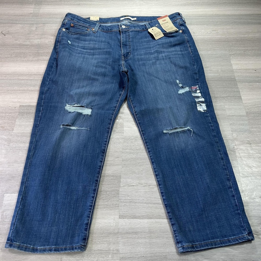 NEW Levis Boyfriend Jeans Womens 22W Blue Distressed‎ Relaxed Stretch 46x29.5